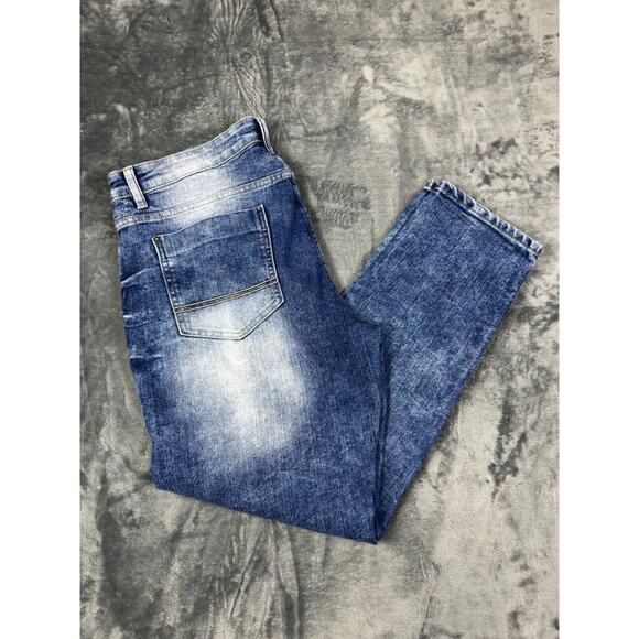 Southpole Men's Skinny Fit Moto Jeans 36x29 Blue Acid Wash‎ Distressed Biker Y2K - Picture 6 of 16